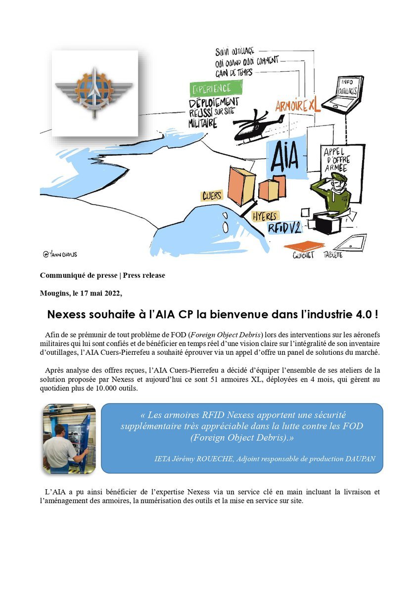 Communiqué de presse intitulé NEXESS souhaite à l'AIA CP la bienvenue dans l'industrie 4.0. Press release titled NEXESS welcomes AIA CP to Industry 4.0