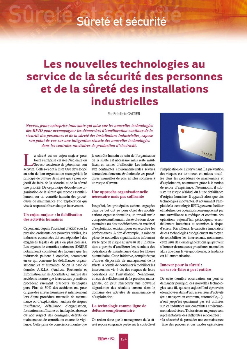 Article de magazine - Les nouvelles technologies au service de la sécurité des personnes et de la sûreté des installations industrielles par Frédéric GALTIER. New technologies for the safety of people and the security of industrial facilities by Frédéric GALTIER.